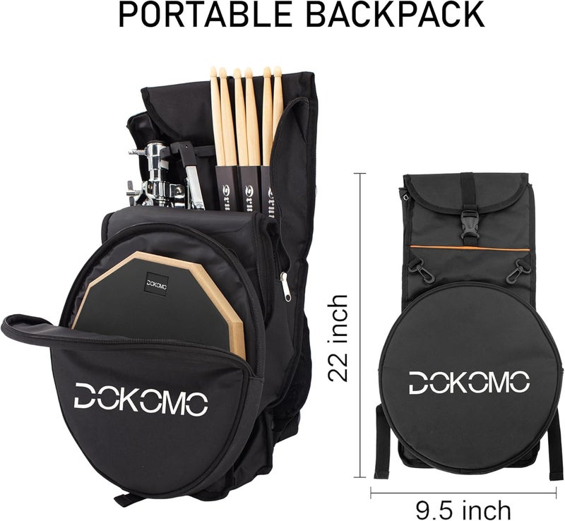 Dokomo Drum Practice Pad with Snare Drum Stand Set, 12-Inch Double Sided Silent Practice Pad Kit with Drum Sticks, Drumstick Holder, Luminous Carrying Bag, Grey (Fits 8''-15'' Drums), Black - Image 2